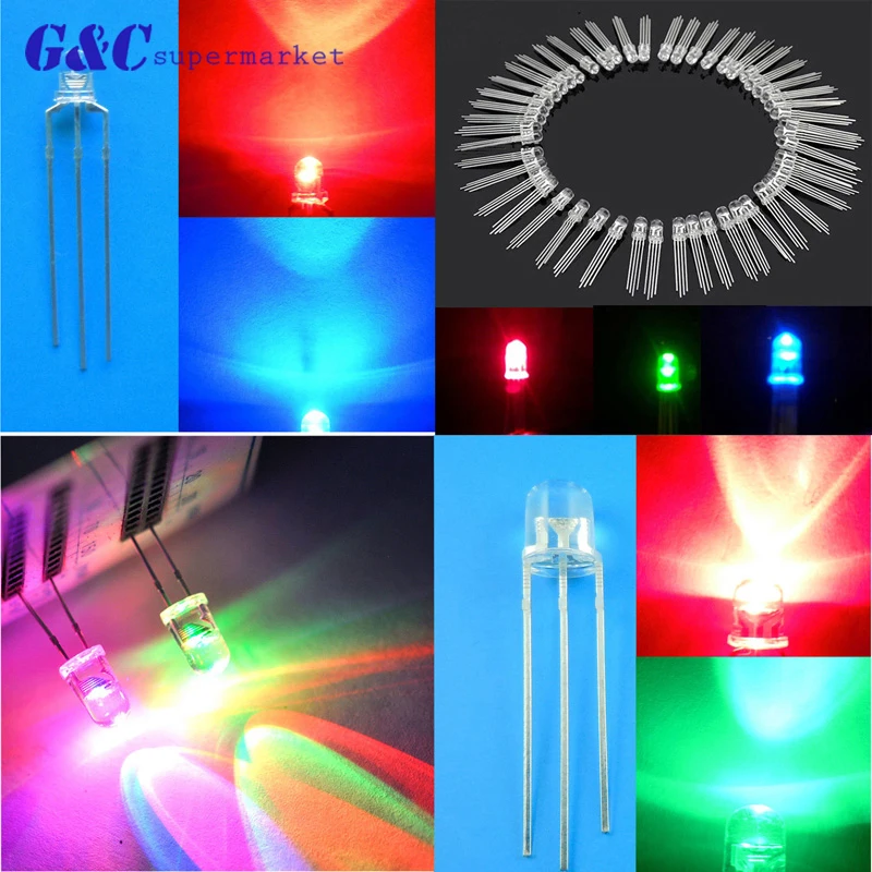 3 5mm Water Clear LED Diodes Round Top Warm White Red Blue UV 3pin Bi-Color