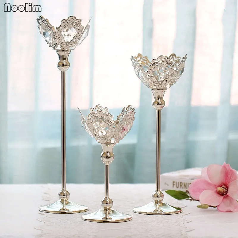 

NOOLIM European Silver Plated Crystal Candle Holder Wedding Decoration Candlestick Crystal Candelabra Romantic Candlelight