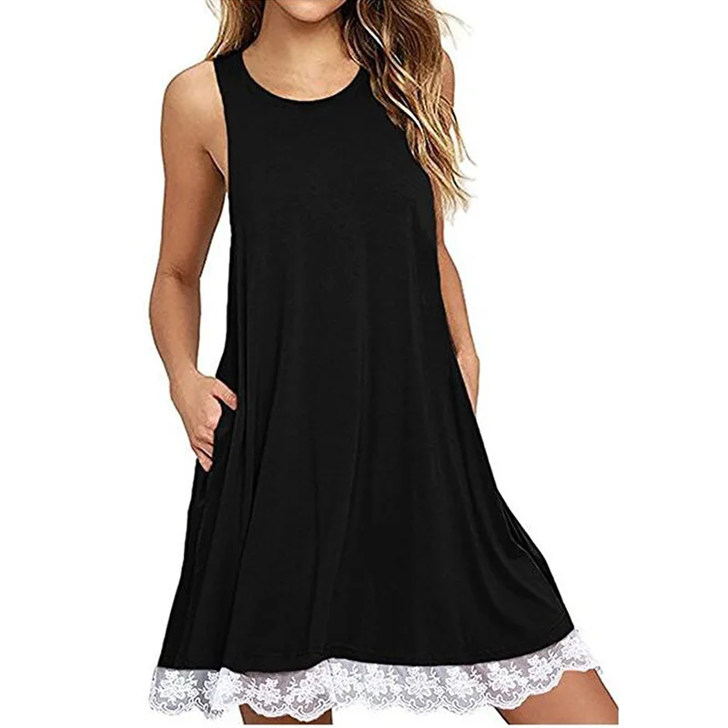 

Women Sleeveless Solid Color Mini Dress Casual Lace Floral Tank Short Dress Plus Size Loose Pocket Vestidos Beach Party Vestido