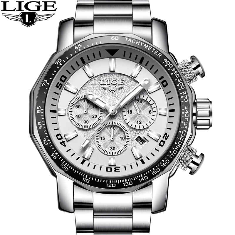 

Relogio Masculino LIGE Men Large Dial Stainless Steel Watch Men Sport Waterproof Multifunction Quartz Watch Net Weight 200g+Box