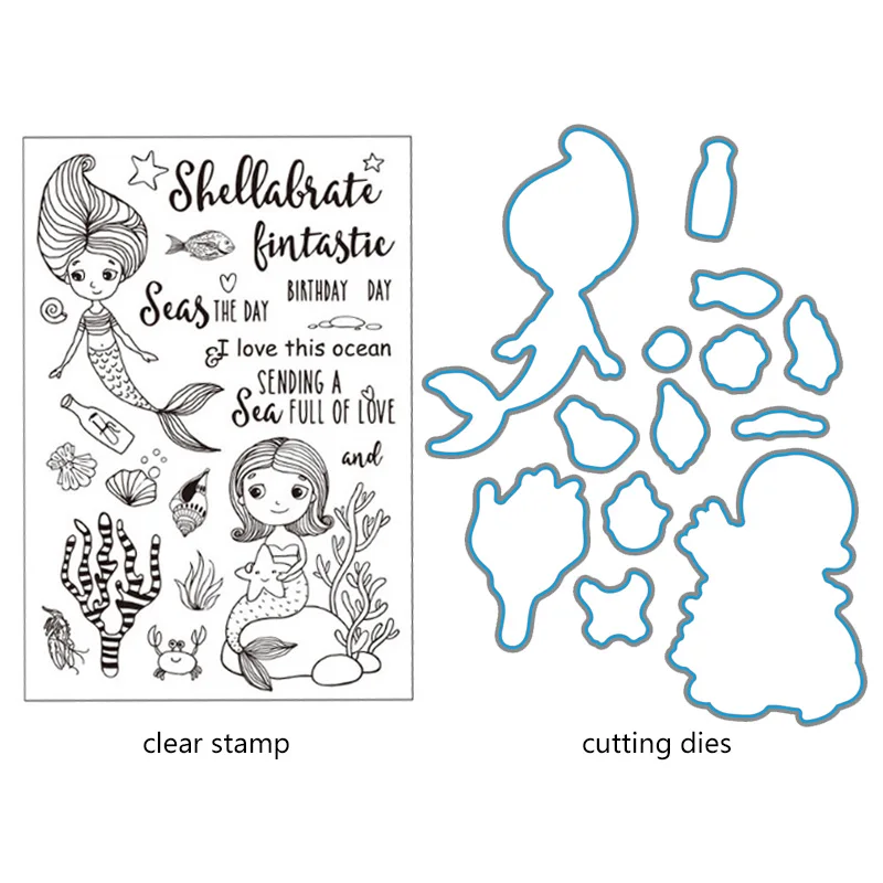

Mermaid Stamps Dies set Sea Animal Clear rubber stamp with Metal cutting dies for DIY Craft Paper Card Making scrapbooking decor