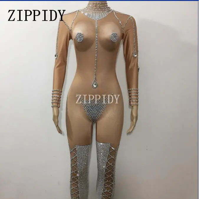 

Shining Striptease Jumpsuit Sexy Bodysuit Stage Wear Women's Celebrate Female Singer Crystals One Piece Costume Outfit