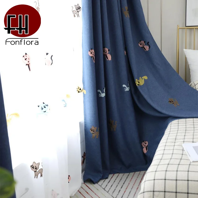 Затемненные шторы с вышивкой в виде мультяшного кота для гостиной, детские шторы для спальни, оконные шторы для детской комнаты, Индивидуальный размер
