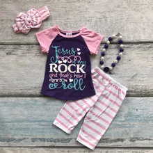 Été bébé filles tenues Jésus rock enfants portent boutique capris tenues coton rayé vêtements avec collier assorti et arc