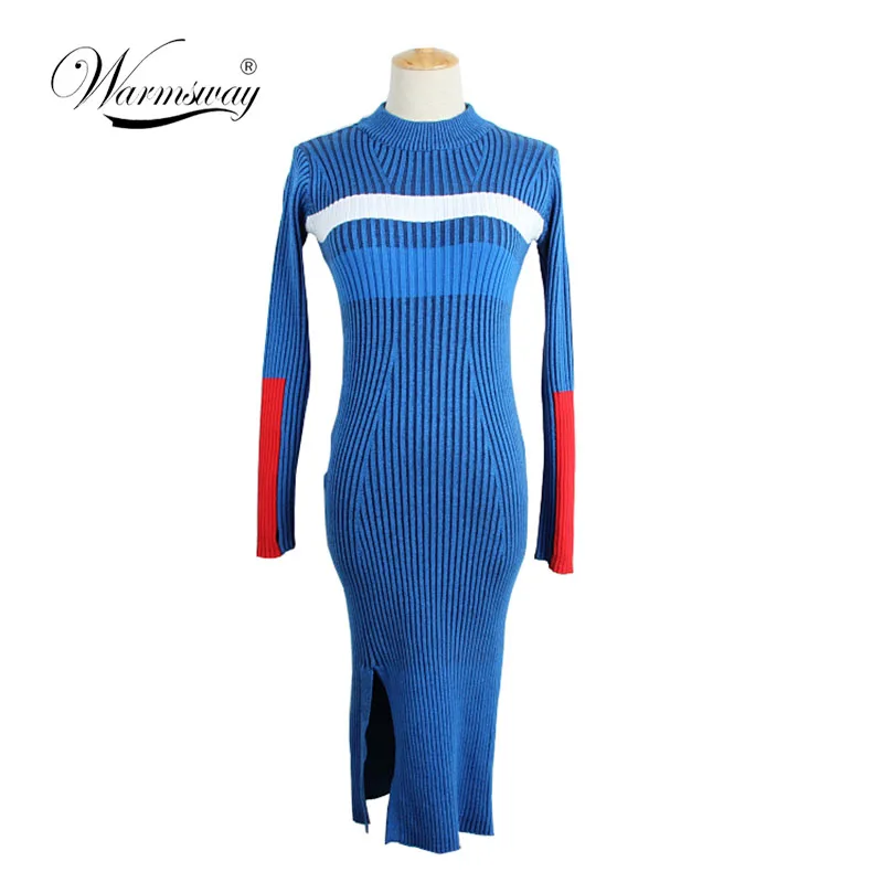 Warm and Charm Women Sweater Dress Fall Winter Long Sexy Bodycon Split Dresses Elastic Striped Skinny Knitted Dress  C-066