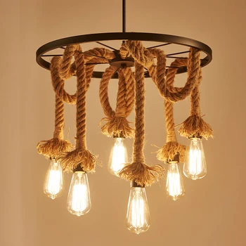 

American retro loft wrought iron hemp rope pendant lights round Wheel iron lamp E27 with Edison Bulbs for Cafe restaurant bar