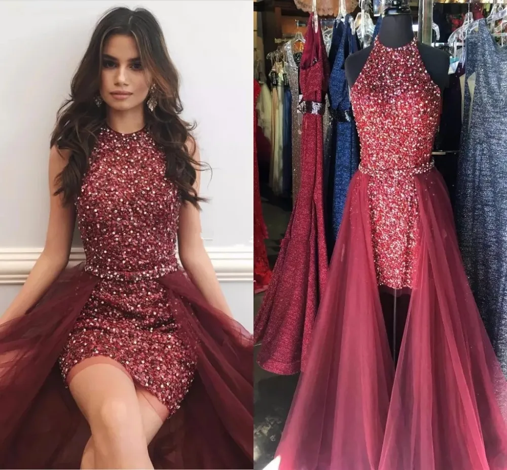 

Sparkly Maroon Red Short Prom Dresses Jewel Neck Crystal Beading Sheath Tulle Over Skirt Cocktail Party Dresses Pageant Dresses
