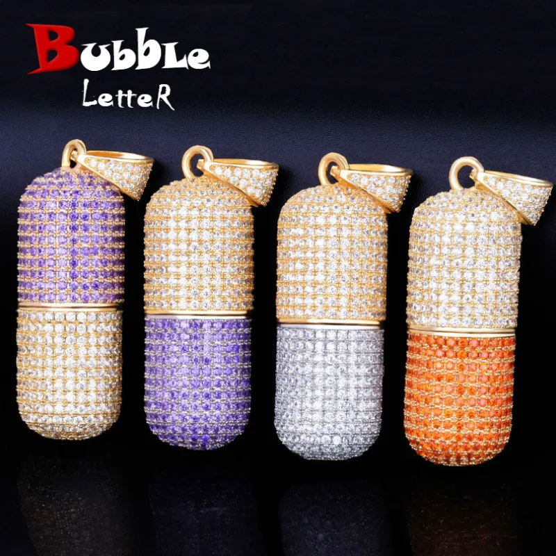 

Colorful Pil Bottle shape Necklace & Pendant Free Rope Chain Gold Color AAA Cubic Zircon Men's Hip Hop Jewelry For Gift Openable