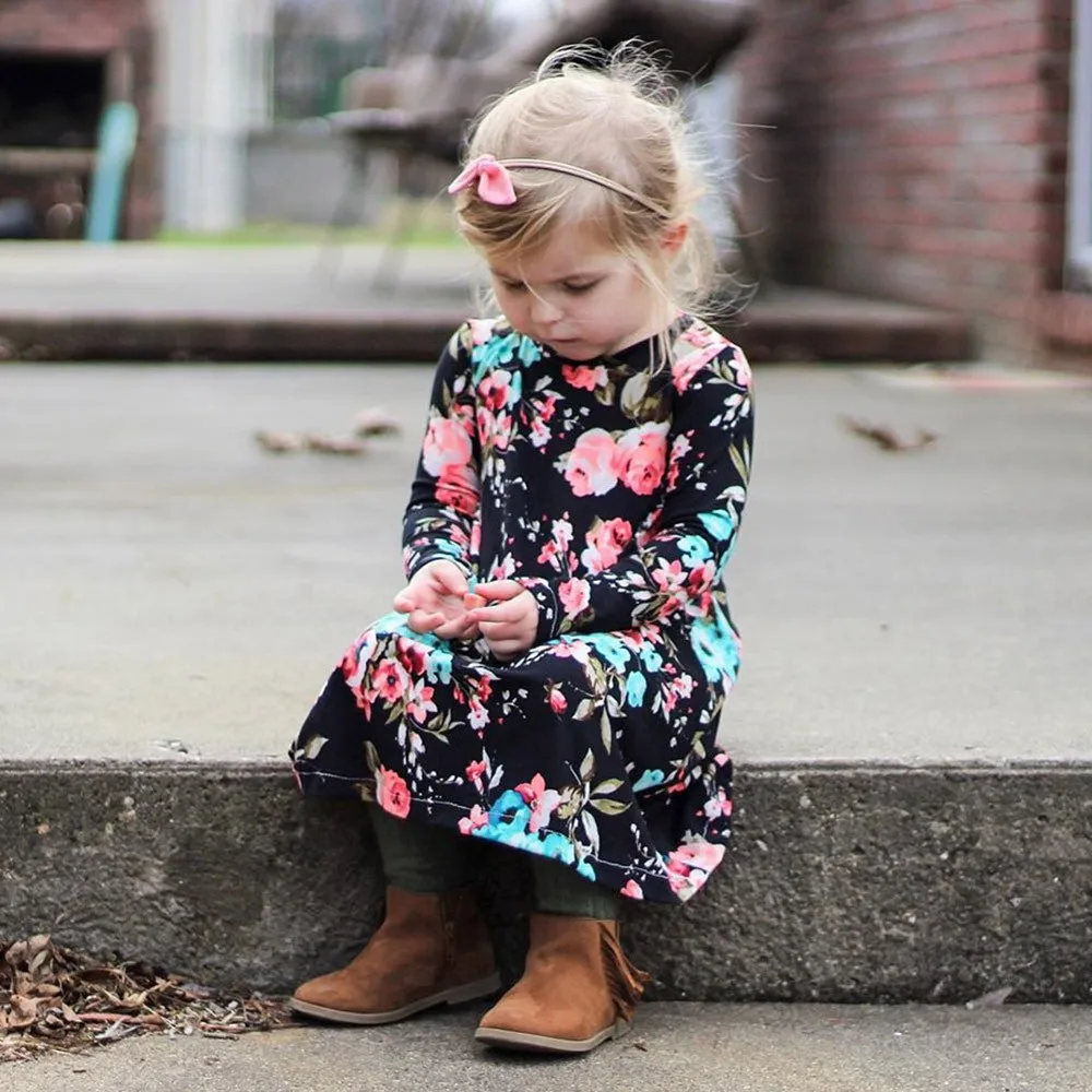 

2018 Toddler Infant Baby Girls Floral Print Dress made of high quality materials Long Sleeve Irregular Casual Dress 35