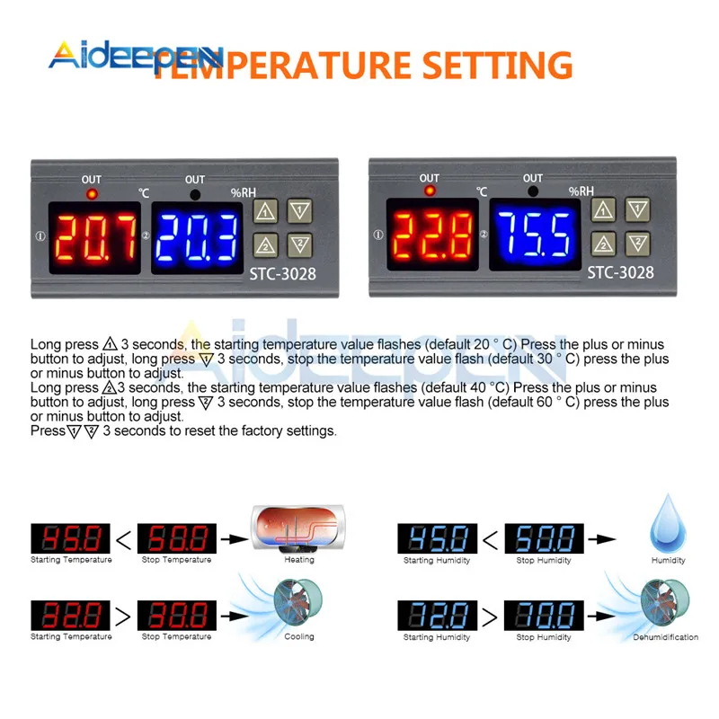 STC-3008 3018 3028 двойной цифровой регулятор температуры гигрометр C/F термостат два релейных выхода AC 110V 220V DC 12V 24V 10A
