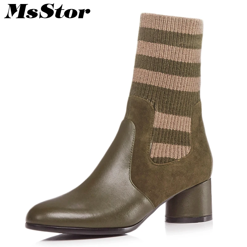 

MsStor Pointed Toe Square Heel Women Boots Fashion Solid Black Mid-Calf Boots Women Shoes Knitting Med Heels Boots Shoes Woman