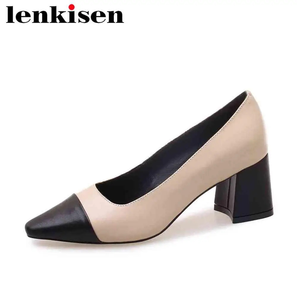 Lenkisen смешанные цвета Большие размеры без шнуровки из кожи с натуральным лицевым покрытием с квадратным носком среднем необычном высоком каблуке уличная мода ретро женские туфли-лодочки L99 - Цвет: Бежевый