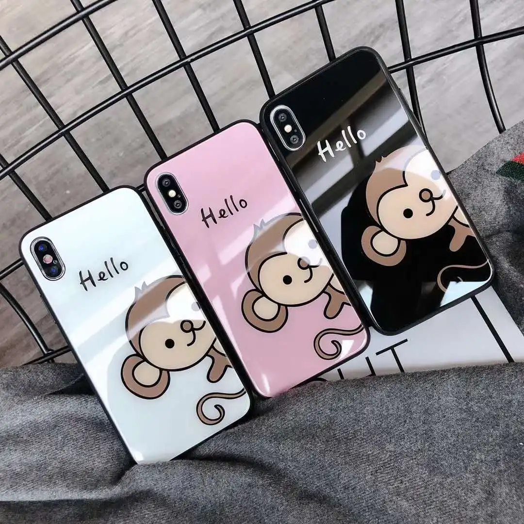 Glossy Cute Monkey Phone Case For iPhone 6 6Plus 6s 6sPlus 7 7Plus 8 8Plus X Tempered Glass Hard