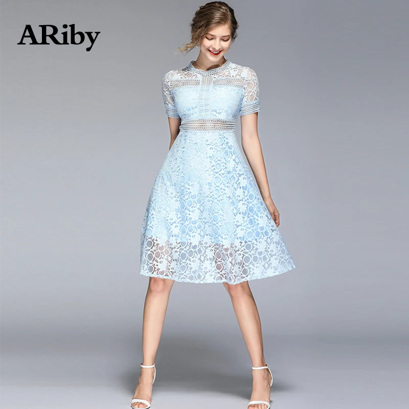 Women Dresses 2019 Summer New Fashion Office Lady Elegant Lace Hollow Out Solid Blue Short Sleeve Slimming O-Neck A-Line Dress