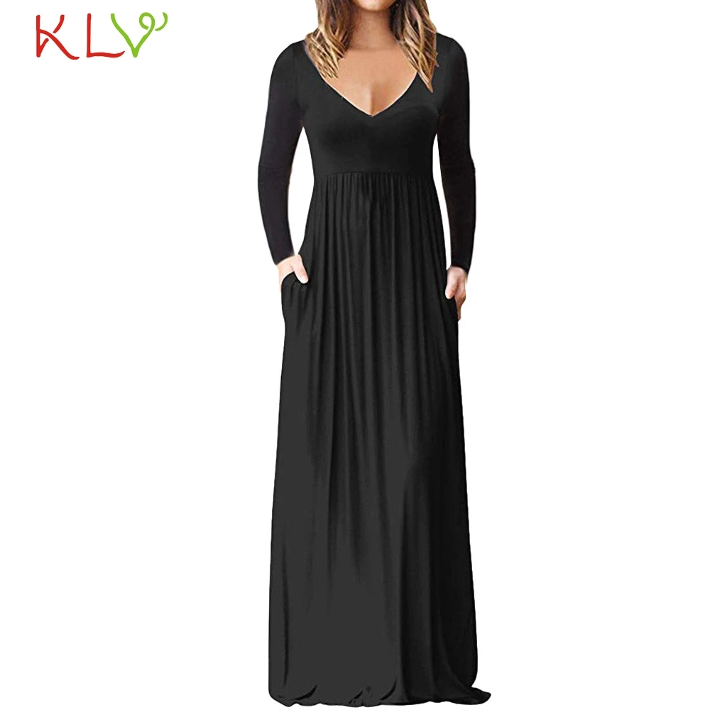 

Dress Women Elegant V neck Solid Long Sleeve Maxi Dress Black Casual Evening Party Night 2019 Plus Size Vestidos Robe Femme 19Jl