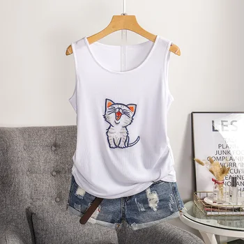 

2019 New Summer O Neck White Women Tshirts Bright Silk Mesh Elastic Sleeveless Female Tanks Cat Embroidery Students Vests Top