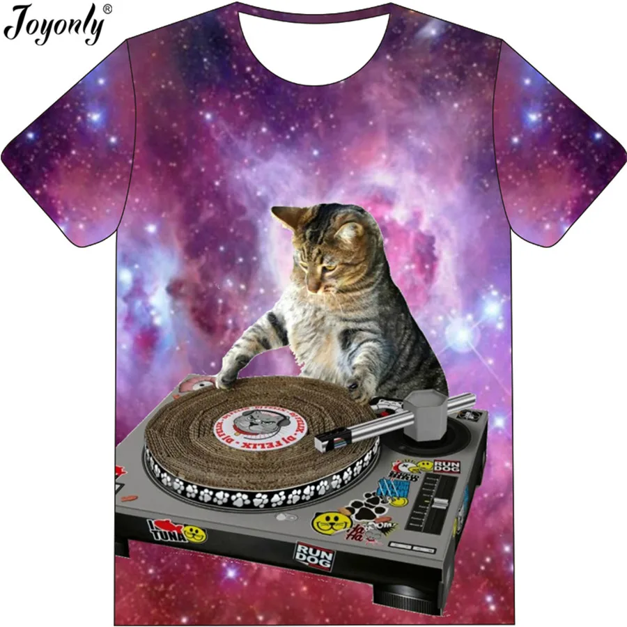 

Joyonly 2018 New Space Galaxy Color T-Shirt Boys/Girls 3d T shirt DJ Cat Printed Funny Cartoon Clothes Children Summer Tops Tees
