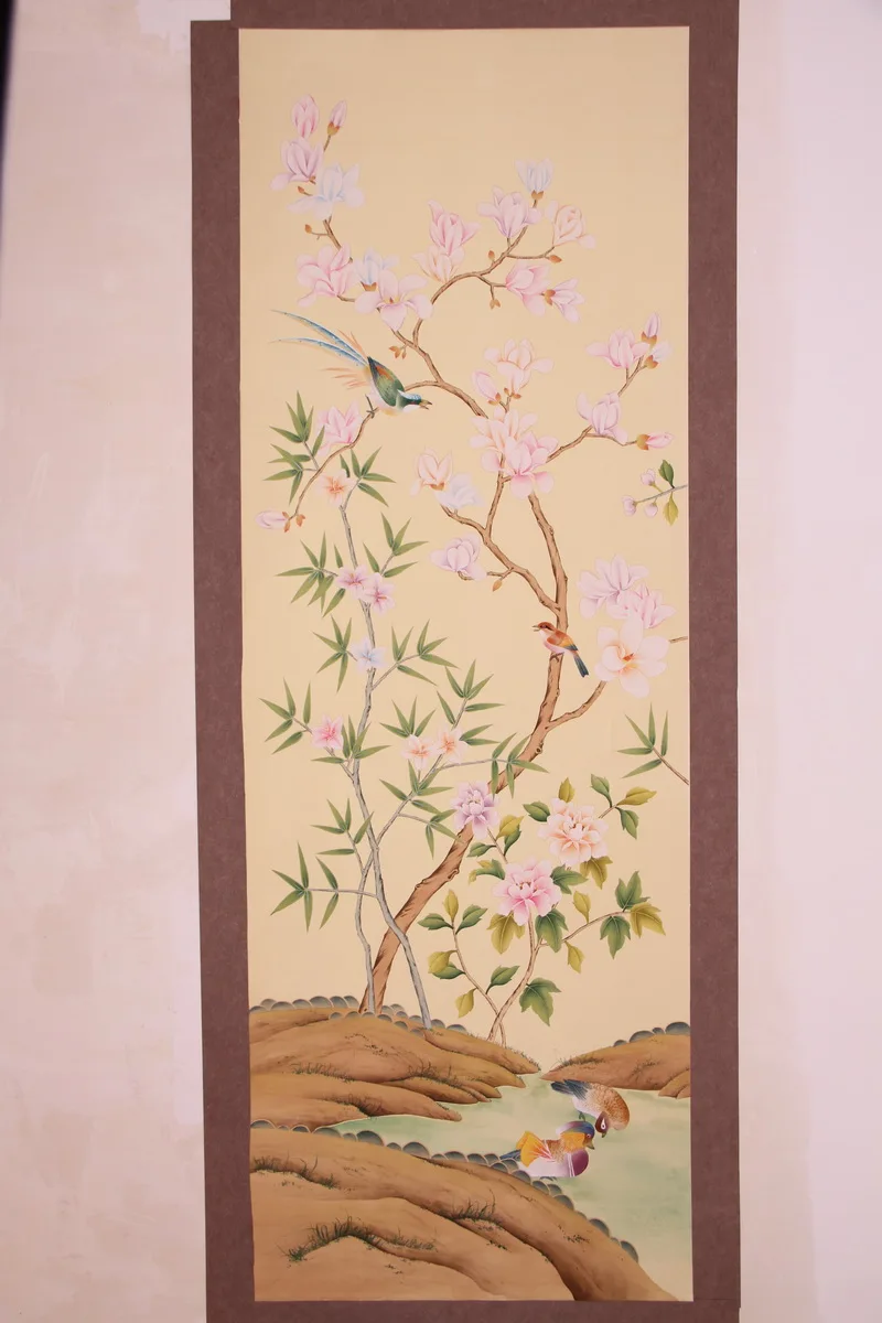 Classic Hand-painted silk wallpaper painting painting Magnolia with birds wallcovering many arts and background optional