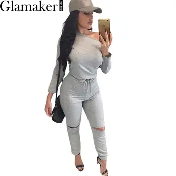 Glamaker Sexy off shoulder long sleeve jumpsuit romper 2017 spring hollow out gray jumpsuit women Fashion wine red  jumpsuit