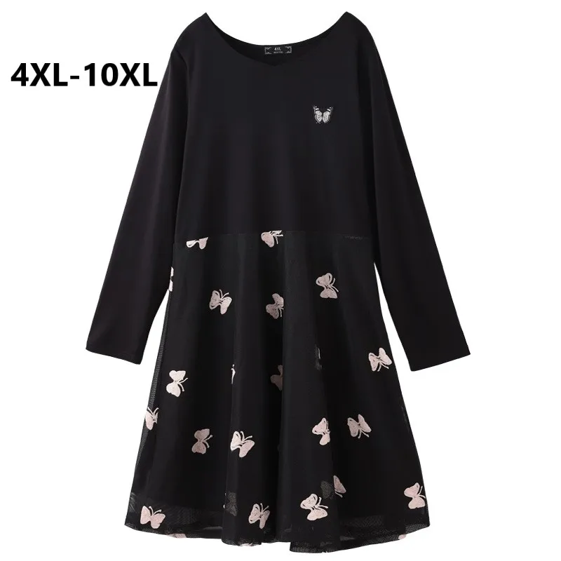 

Plus Size 4XL 6XL 8XL 10XL Women New Spring Dress Long Sleeve Elegant Embroidery Black Sliming Dress Big Size Dress For Mujer