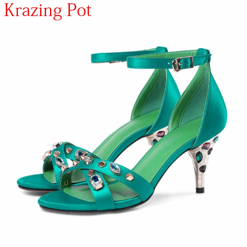 

2018 New Arrival Silk Peep Toe Rhinestone Ankle Strap Nightclub Stiletto Crystal High Heels Gorgeous Luxury Women Sandals L87