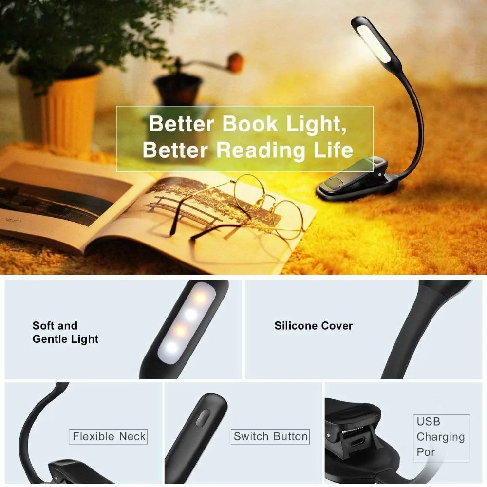 USB Led светильник для чтения книг TopElek 3 уровня яркости защита глаз мягкая Настольная лампа с зажимом Kitap Okuma Lambasi Leeslamp