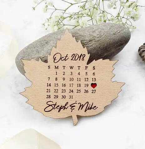 Customize Calendar Maple Leaf Fall Wedding Wooden Save The Date