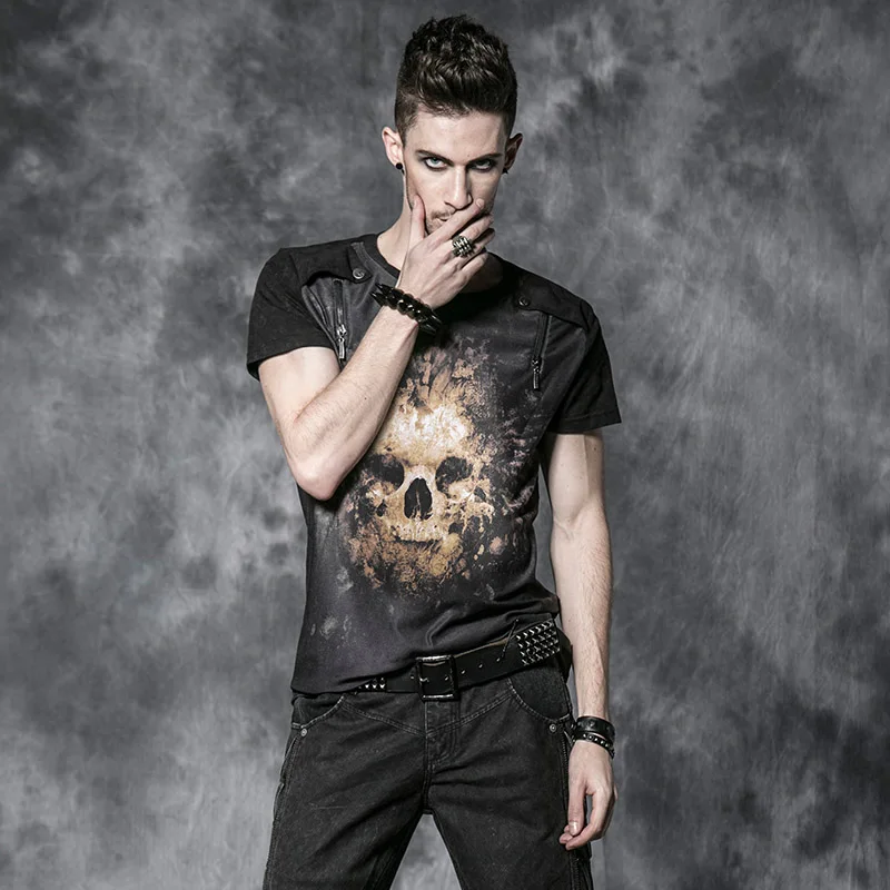 Punk Rock Men Short Tee with Digital Printing Spring Summer Black