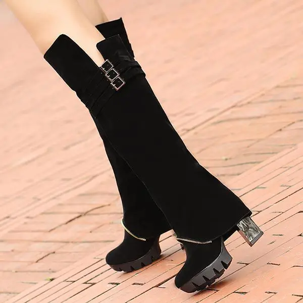 

Free Shipping fashion thick high heel boots women lady Flanging over knee platform Autumn winter Tall canister boots size 34-40