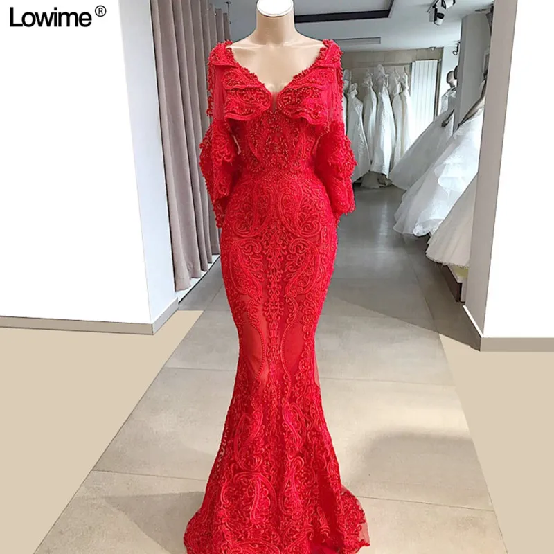 Mermaid Lace Evening Dresses Long Sleeves Vestido De Festa Floor Length Abendkleider 2019 V-Neck Evening Gowns