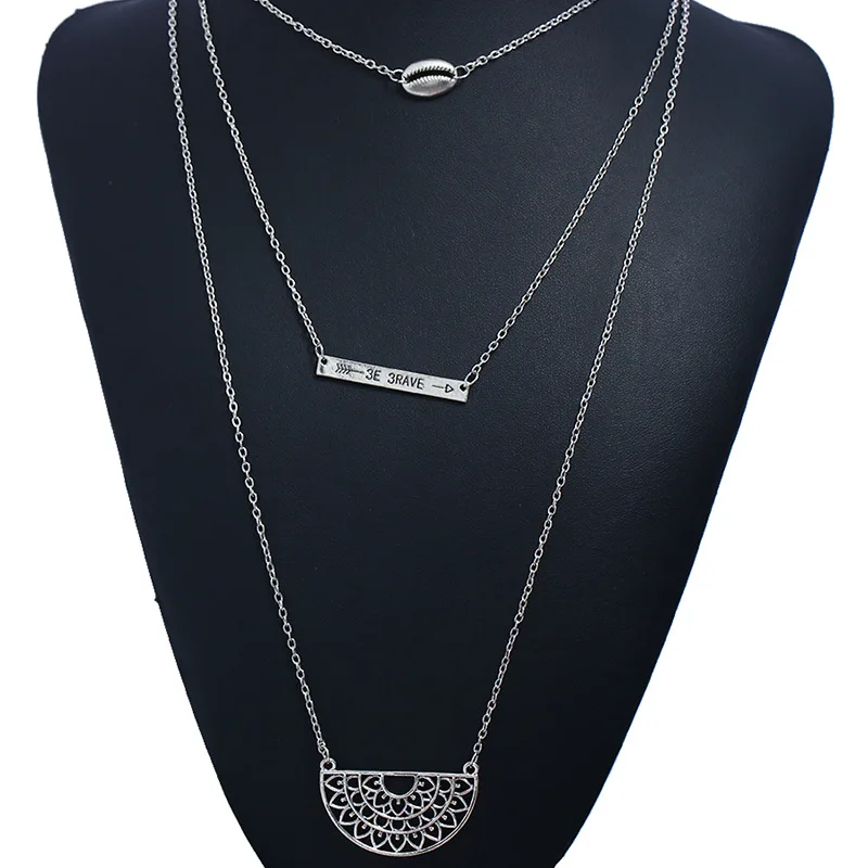 Vintage Charms Jewelry Three Layers Wax Rope Clavicle Chain Multilayer Compass Stars Feathers Leaves Pendant Necklaces For Women