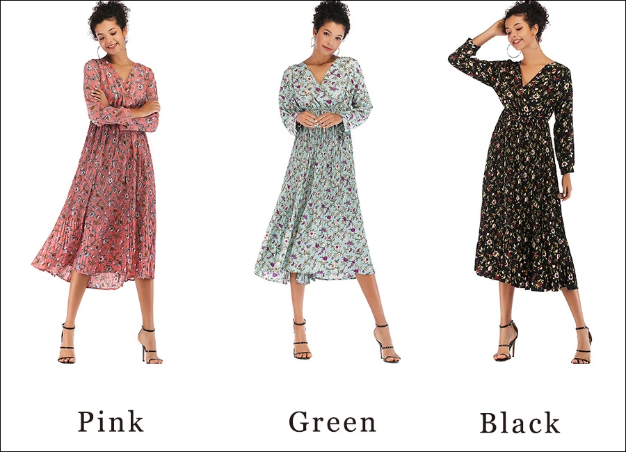Gladiolus Hot 2018 Autumn Dress Women Long Sleeve V-Neck Sexy Floral Print Tunic Loose Midi Chiffon Dress Women Beach Sundress (33)