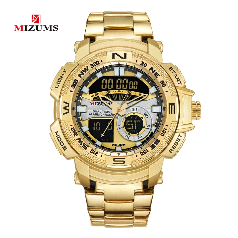 Comprar Relojes de pulsera militares MIZUMS reloj deportivo Digital LED para hombre, banda de acero inoxidable dorado, reloj de cuarzo de doble hora, reloj Masculino