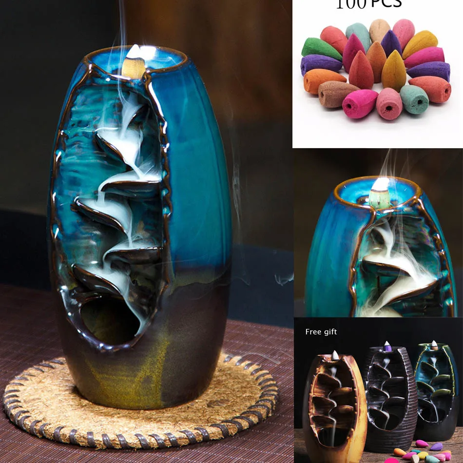 

Waterfall Backflow Incense Burner Handmade Ceramic Censer Incense Holder Indoor Retro Style For Home Decor With 10 Cones Incense