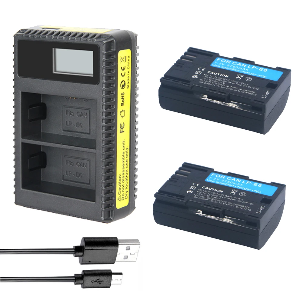 2pcs LP E6 LP E6 LP E6N Rechargeable Battery +LED Dual USB Charger for