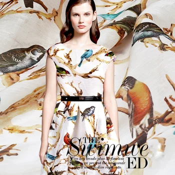 

2017 fashion retro high-grade silk silk linen blended birds'twitter and fragrance of flowers in summer printing silk texture of