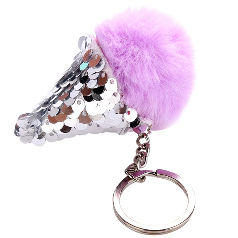 

Sequins Fur Ball Ice Cream Cone Keychain Furry Acrylic Key Chain Ring Keyring Pompon Backpack Women Shoulder Bags Pendant