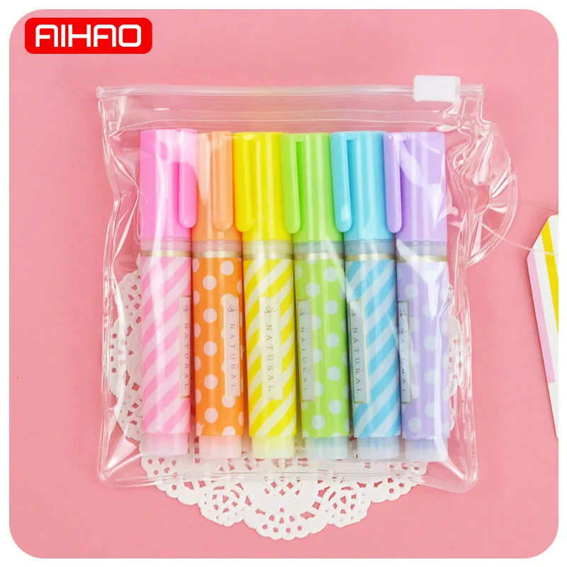

AIHAO Student 6 pcs/lot(1 bag) Cute Dot Stripe Plastic Highlighters Kawaii Colored Marker Pens Korean Stationery 1301