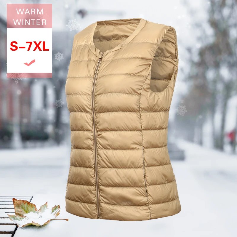 

S-7XL Women Fashion White Duck Down Short Vest Female Winter ultra Light Slim Thin Warm Sleeveless Jacket Warm Windproof Linner