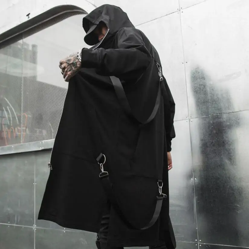 Nightclub DJ singer punk rock hooded trench coat ribbons long jacket stage costume men vintage zipper cloak gothic style cape