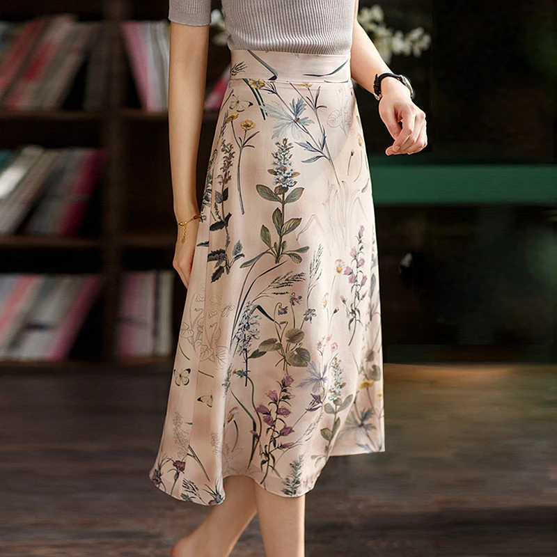

Skirts Women Double layer 100% Silk Printed Simple Design Skirts High Quality Fabric Casual Style Ladies 2018 New Fashion
