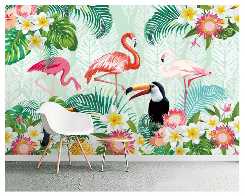 

beibehang Custom fashion stereo wall paper tropical plant parrot flamingo indoor background papel de parede 3d wallpaper behang