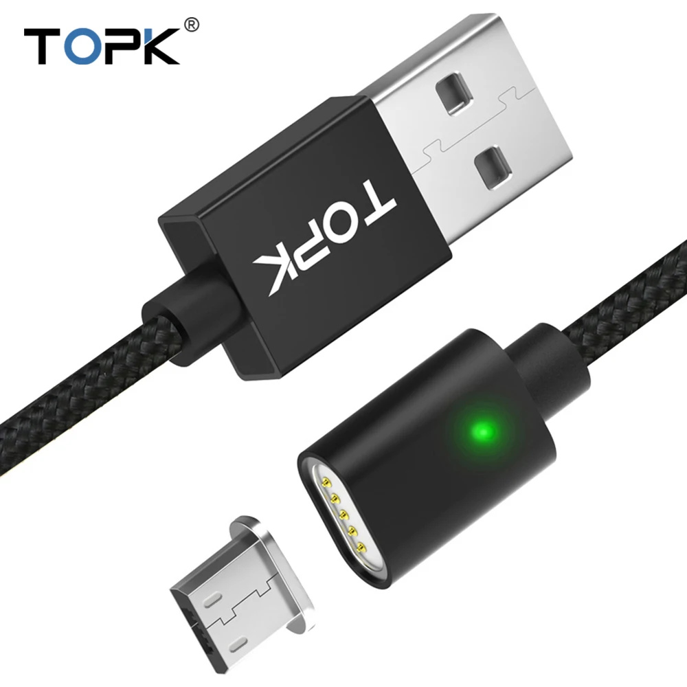 Topk 2.4A Магнитная Micro USB кабель, обновлен плетеный нейлоновый Светодиодный индикатор USB кабель для зарядки Micro-USB телефоны