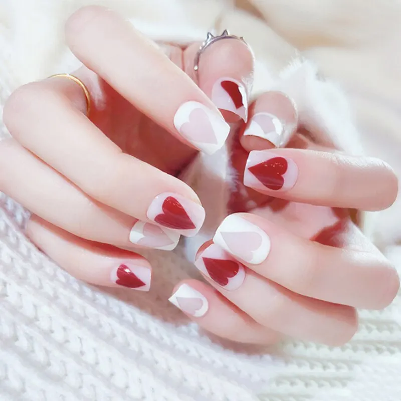 Red Heart Pattern Bride Nail Art Tips Pretty Women Fingernail Decor Full Cover Glitter Fake False Nails with Glue | Красота и