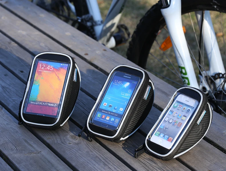 Top ROSWHEEL Bike handlebar phone bag Bicycle Cycling Frame Bag Panniers Waterproof Handlebar Touchscreen Phone Case Pouch 11810 9