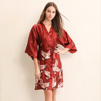 

New Crane Size Nightgown Spring and Summer CardiganLadies Kimono European and American Wind Silk Bridesmaid Pajamas