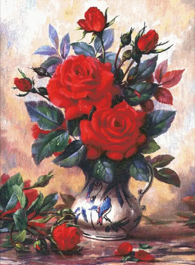 

Red rose vase cross stitch package big bloom 18ct 14ct 11ct cloth cotton thread embroidery DIY handmade needlework