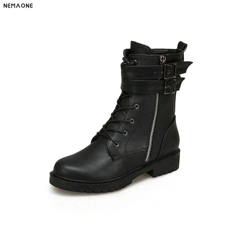 

NEMAONE New women low heels ankle boots lace up ladies shoes spring autumn western boots woman large size 42 43
