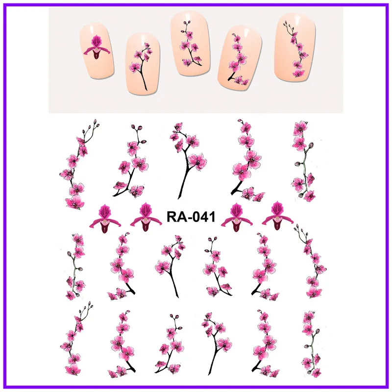 UPRETTEGO дизайн ногтей Красота воды Наклейка слайдер наклейки на ногти цветок витиеватая Орхидея фиолетовый розовый лепесток RA037-042