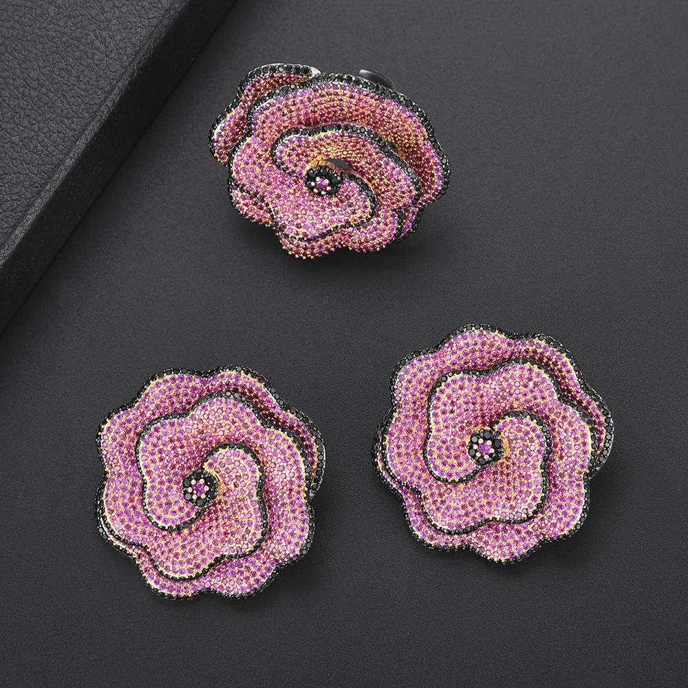 

2 pcs Set Luxury Blossom Korean Style Earrings Ring Jewelry Set For Women Wedding Engagement brincos para as mulheres